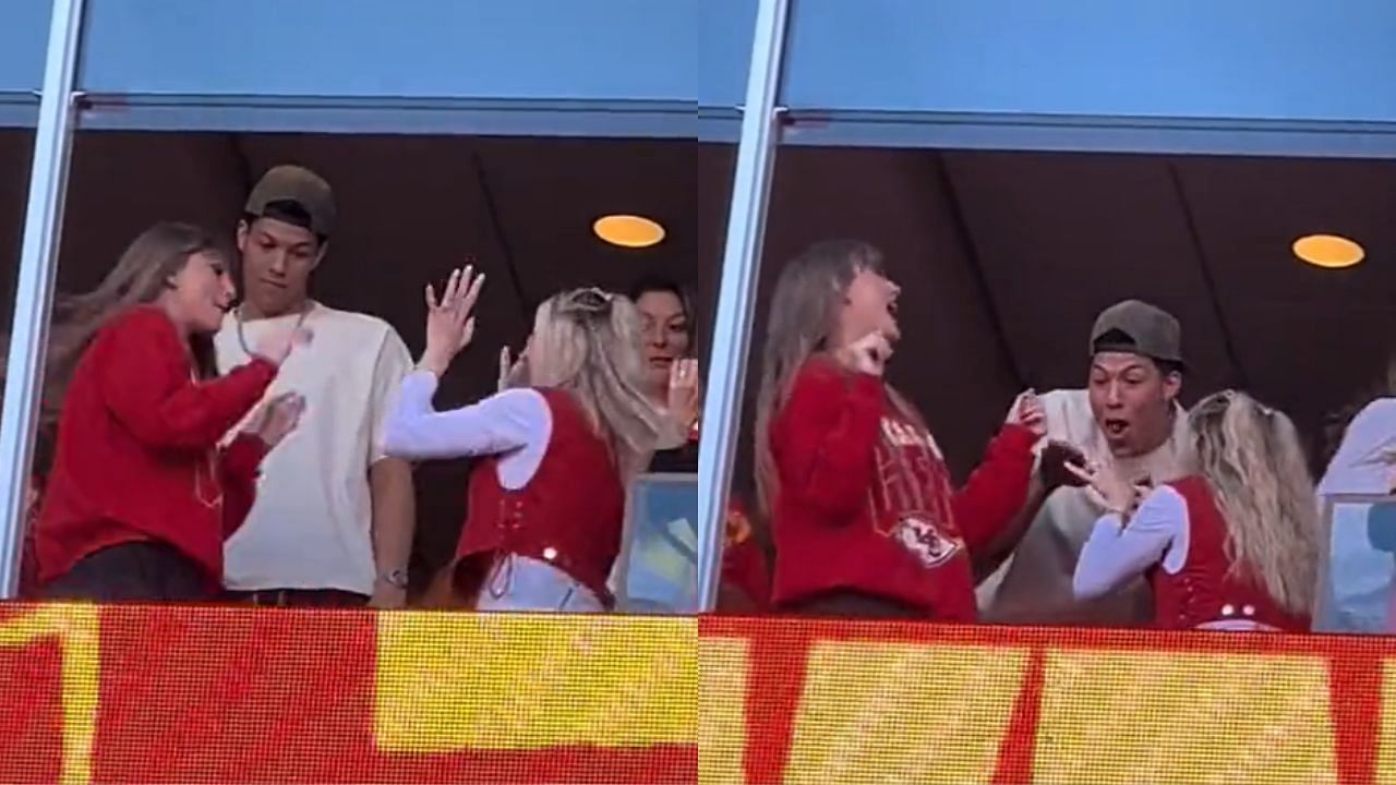 Jackson Mahomes celebrating with his sister-in-law Brittany and Taylor Swift on Sunday
