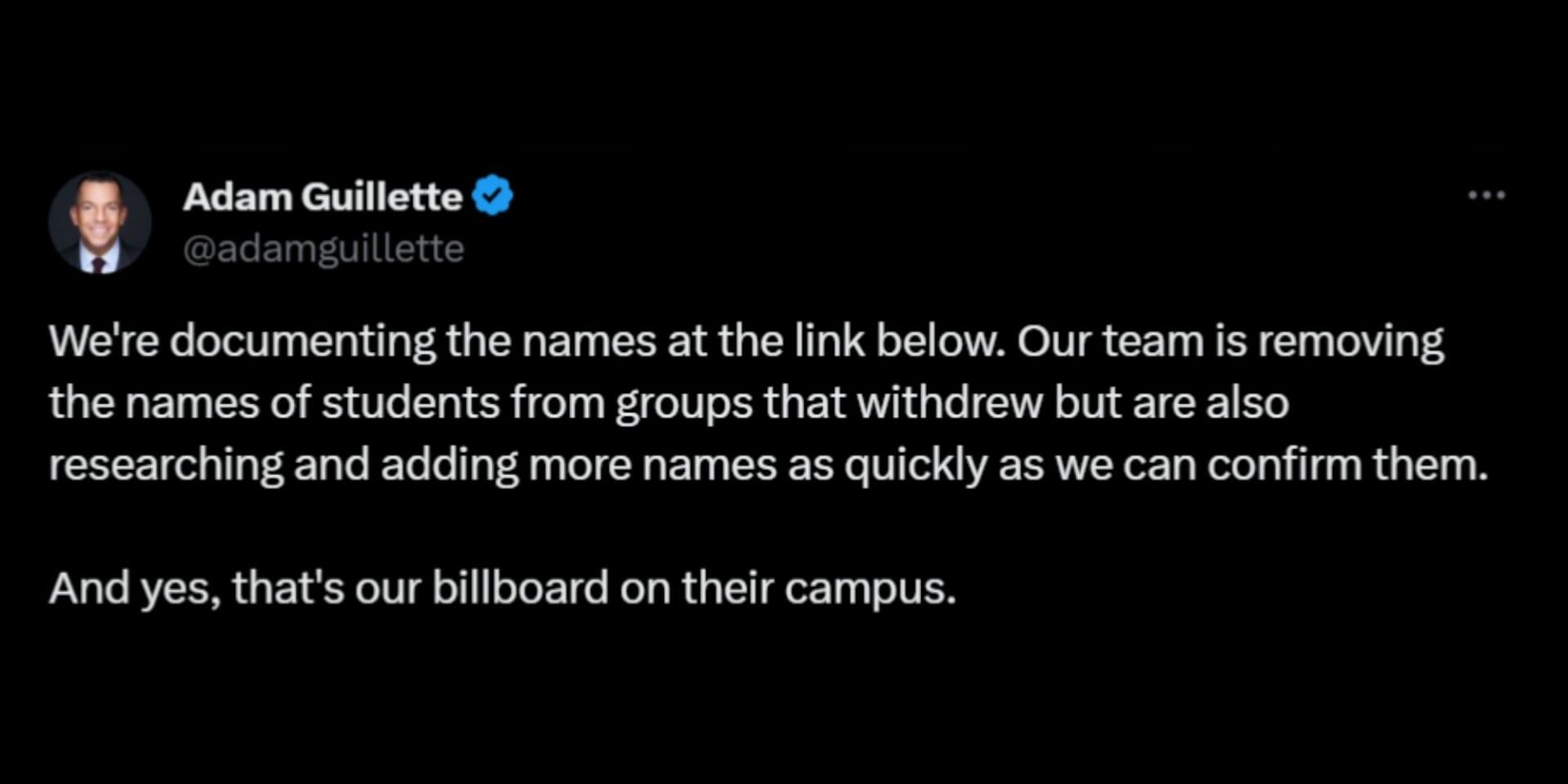 Adam Guillette writes that it was his non-profit that drove the truck with the billboard around the campus. (Image via X/Ian Bremmer, Bill Ackman)