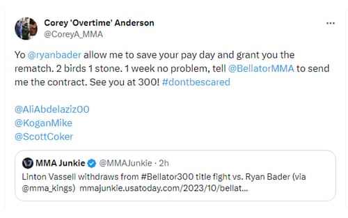 Tweet regarding Bellator 300