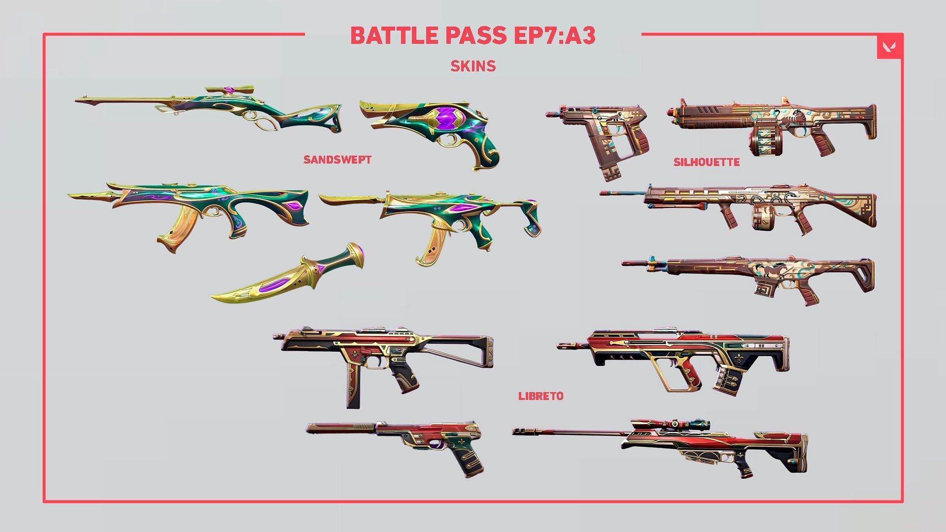 Weapon skins in Episode 7 Act 3 Battlepass (Image via Riot Games)