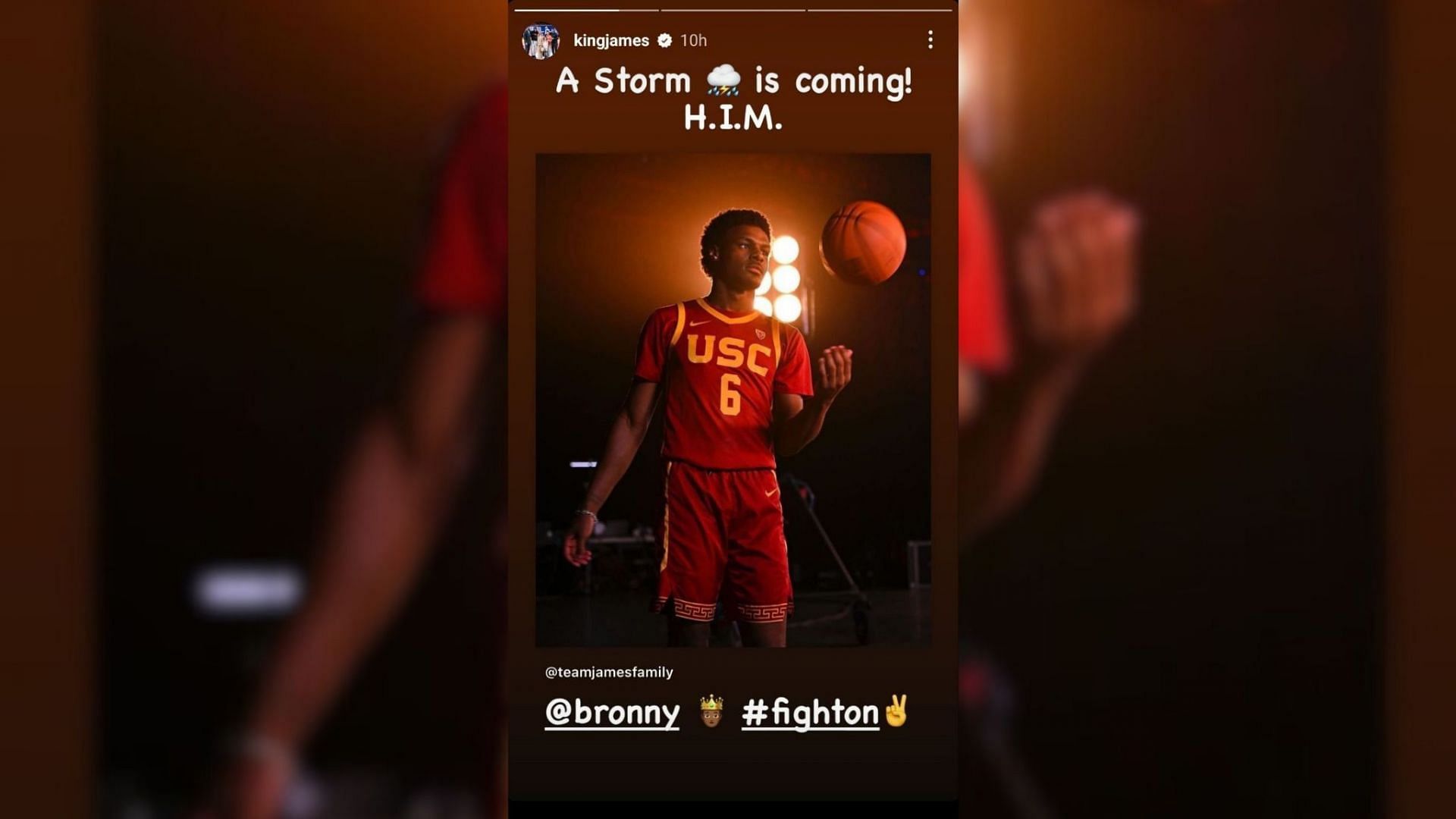 LeBron James shared a photo of Bronny wearing USC threads.