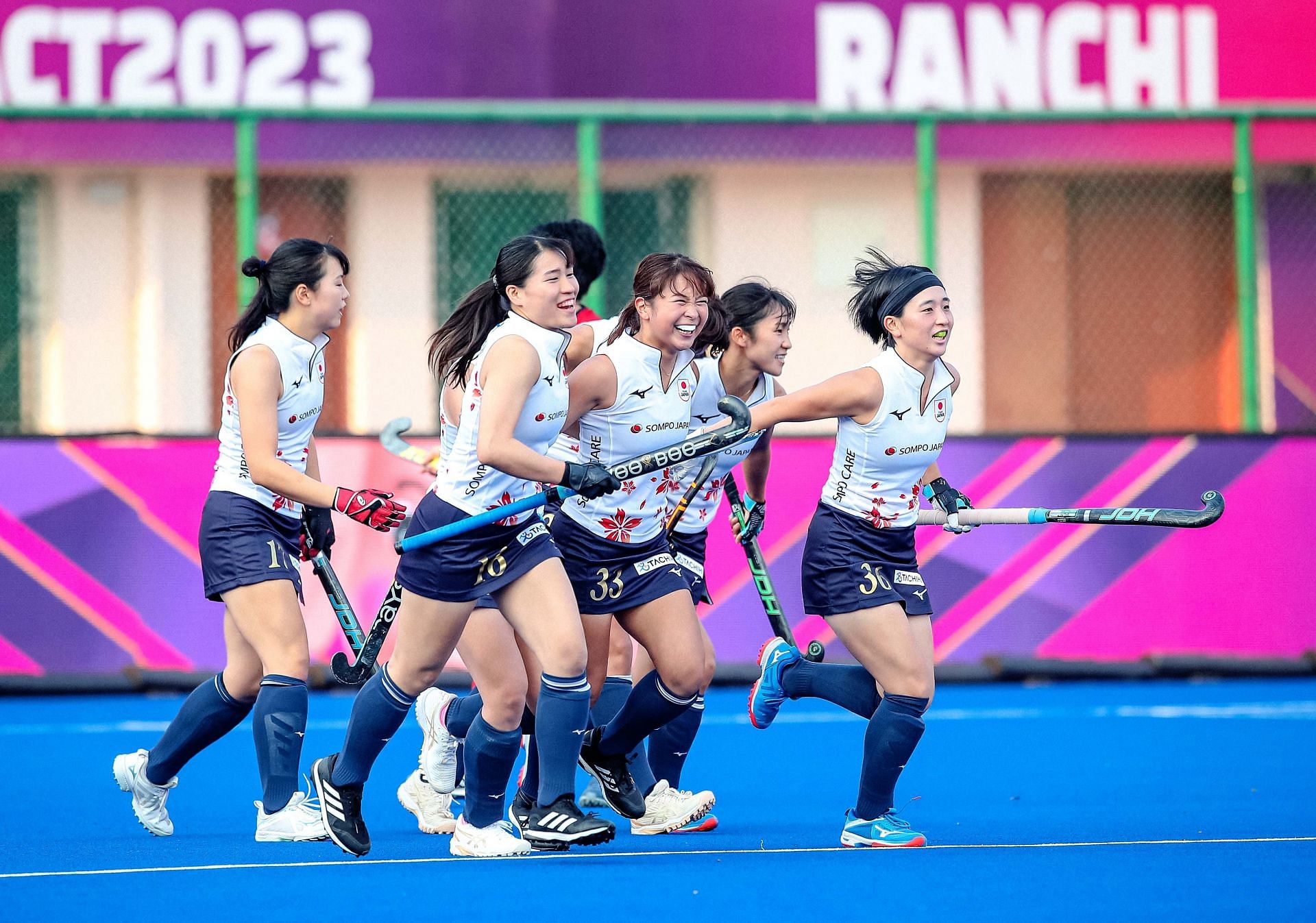 Japan Women&#039;s Team celerate a goal (Pic Credits: Hockey India)