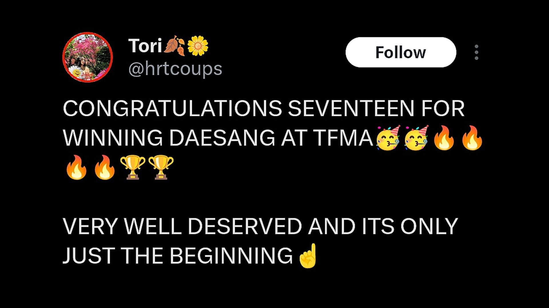 CARATs rejoice as group snags &quot;Daesang&quot; at the 2023 The Fact Music Awards (Image via X)