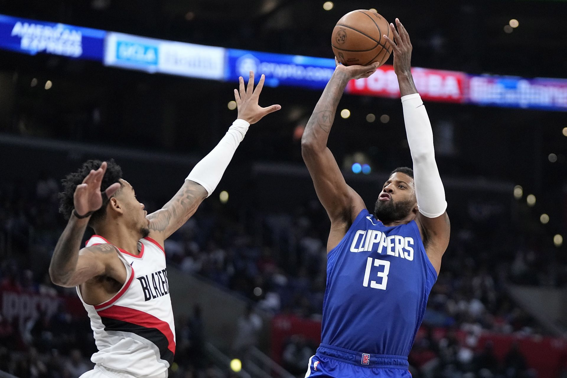 Paul George of the LA Clippers against the Portland Trail Blazers.