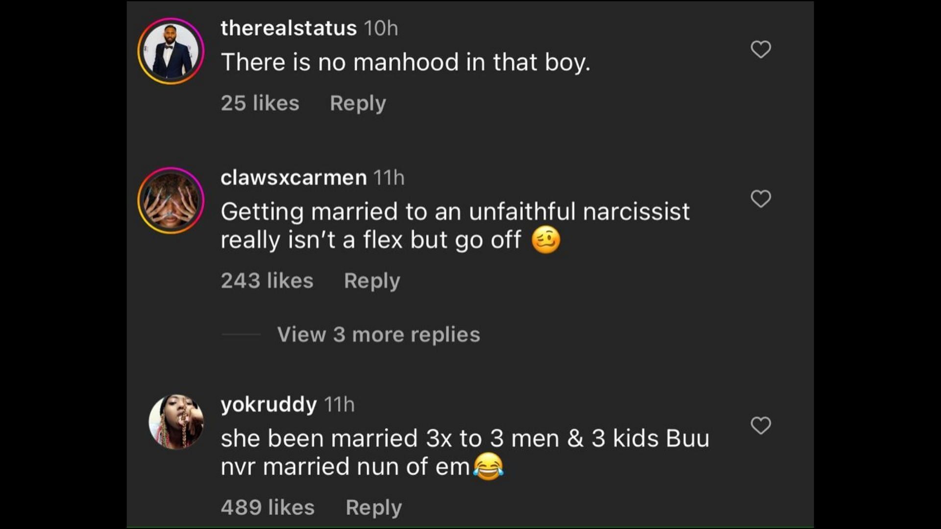 Screenshot of Internet users remarking on Blue&#039;s posts about his mother Karlissa. (Photo via @theneighborhoodtalk/Instagram)