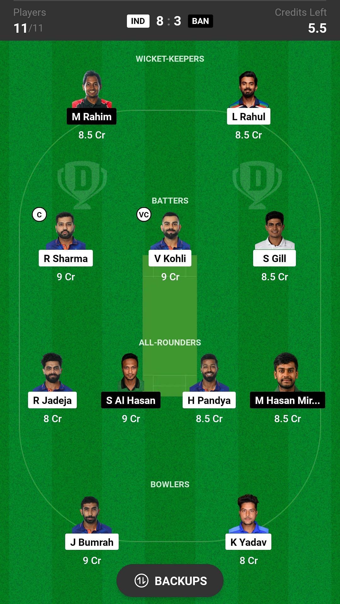 India vs Bangladesh Dream11 Fantasy suggestion #1 - Head-to-head League