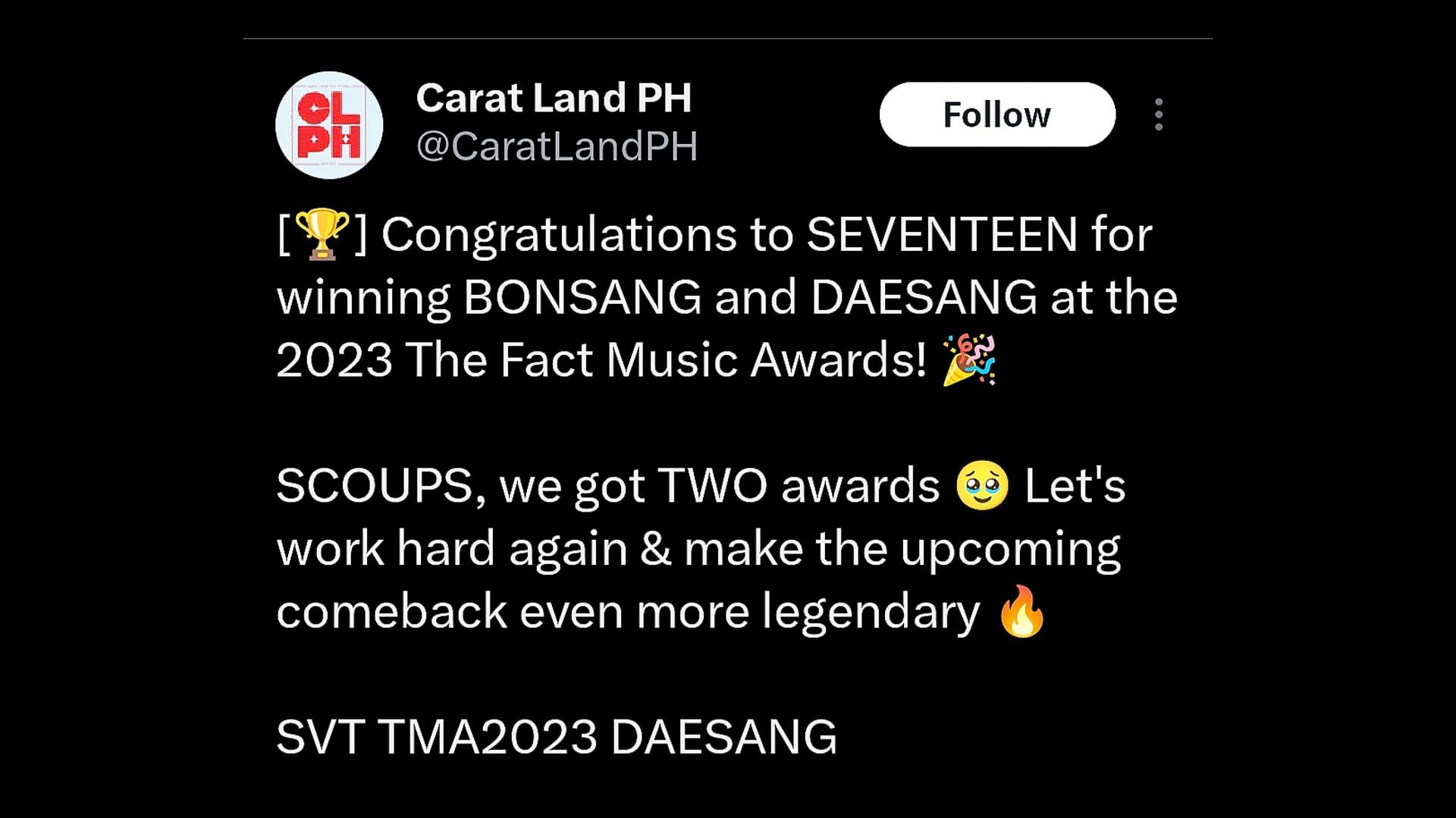 CARATs rejoice as group snags &quot;Daesang&quot; at the 2023 The Fact Music Awards (Image via X)