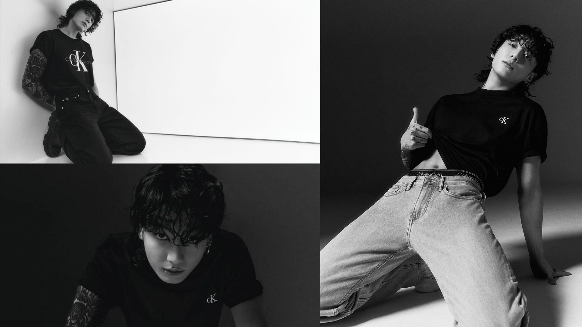 Jeon Jung-kook in the classic black CK tees was a sight to behold, with his charismatic stare piercing through the two-dimensional photograph. (Images via X/ @maineventjeon and @CalvinKlein)