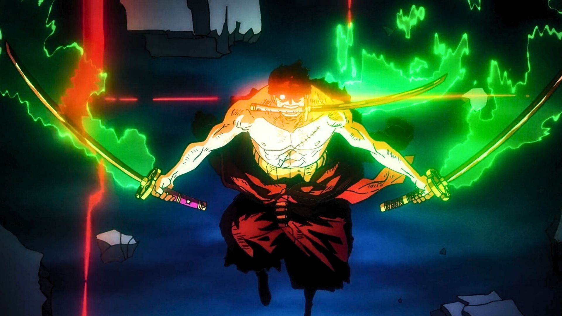 Zoro wielding three blades at the same time (Image via Toei Animation)