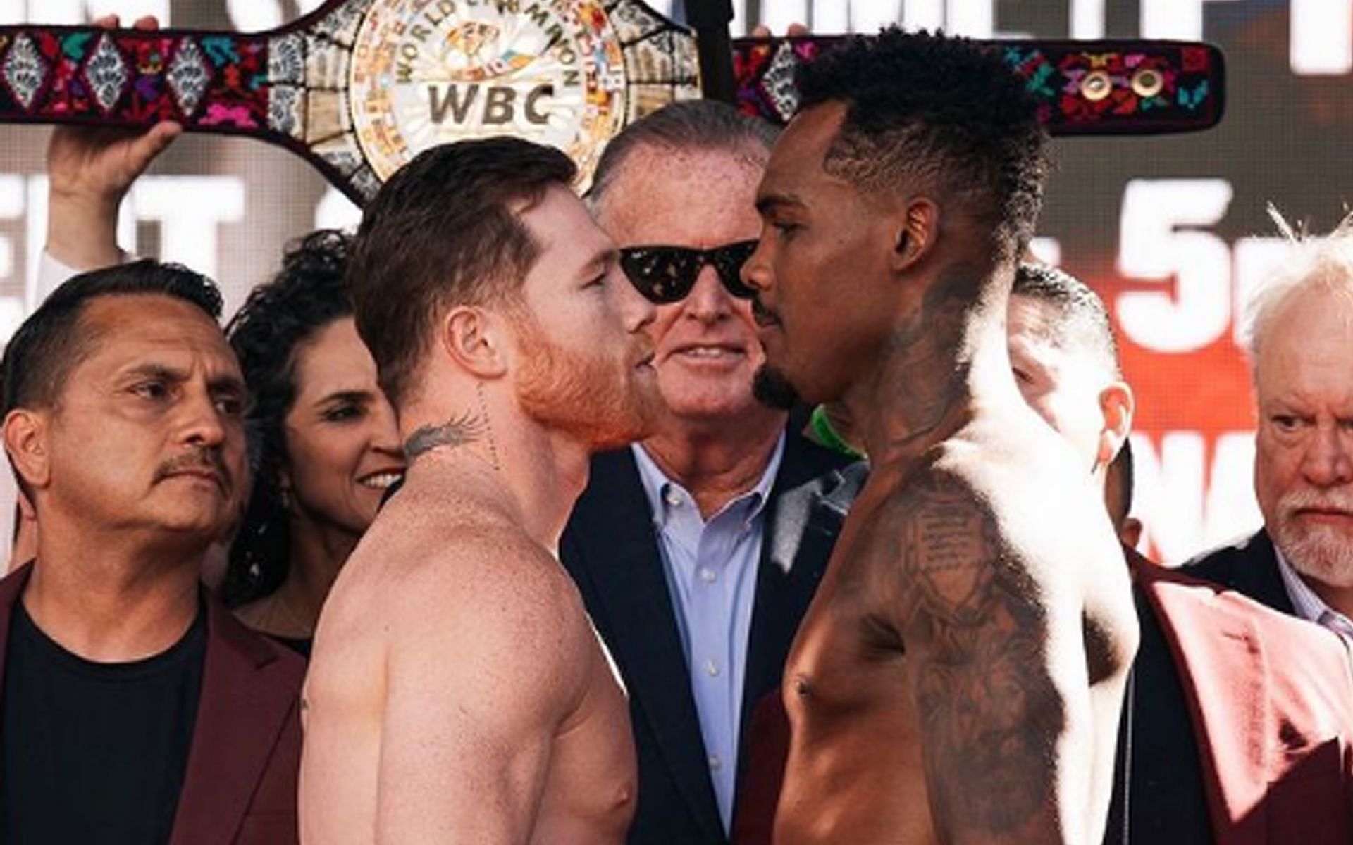 Canelo Alvarez (left) and Jermell Charlo (rght) during face-off (Image via @canelo Instagram)