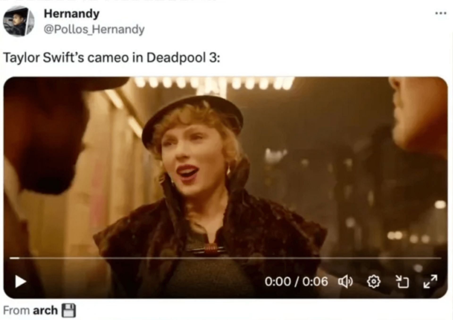 The tweet that made fans think there&#039;s Taylor Swift in Deadpool 3 (Image via Twitter@Pollos_Hernandy)