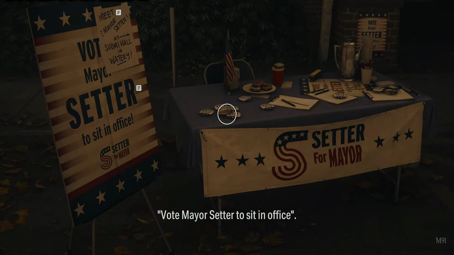 Mayor Setter campaign slogan location in Alan Wake 2 (Image via Remedy Entertainment)