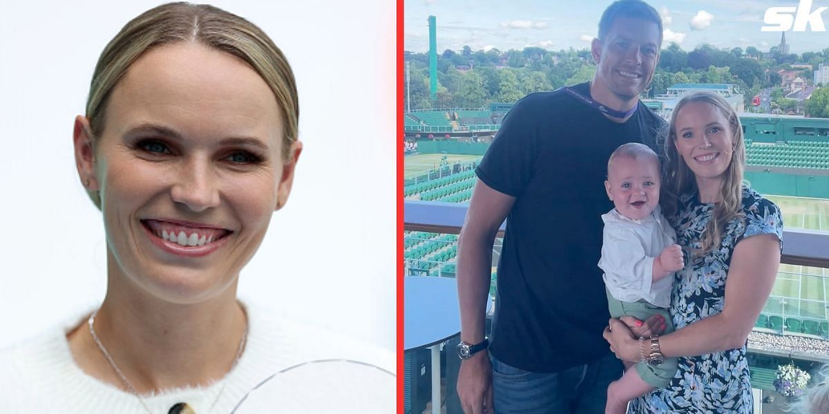 Caroline Wozniacki (L) and Wozniacki with her husband David Lee and son James (R)