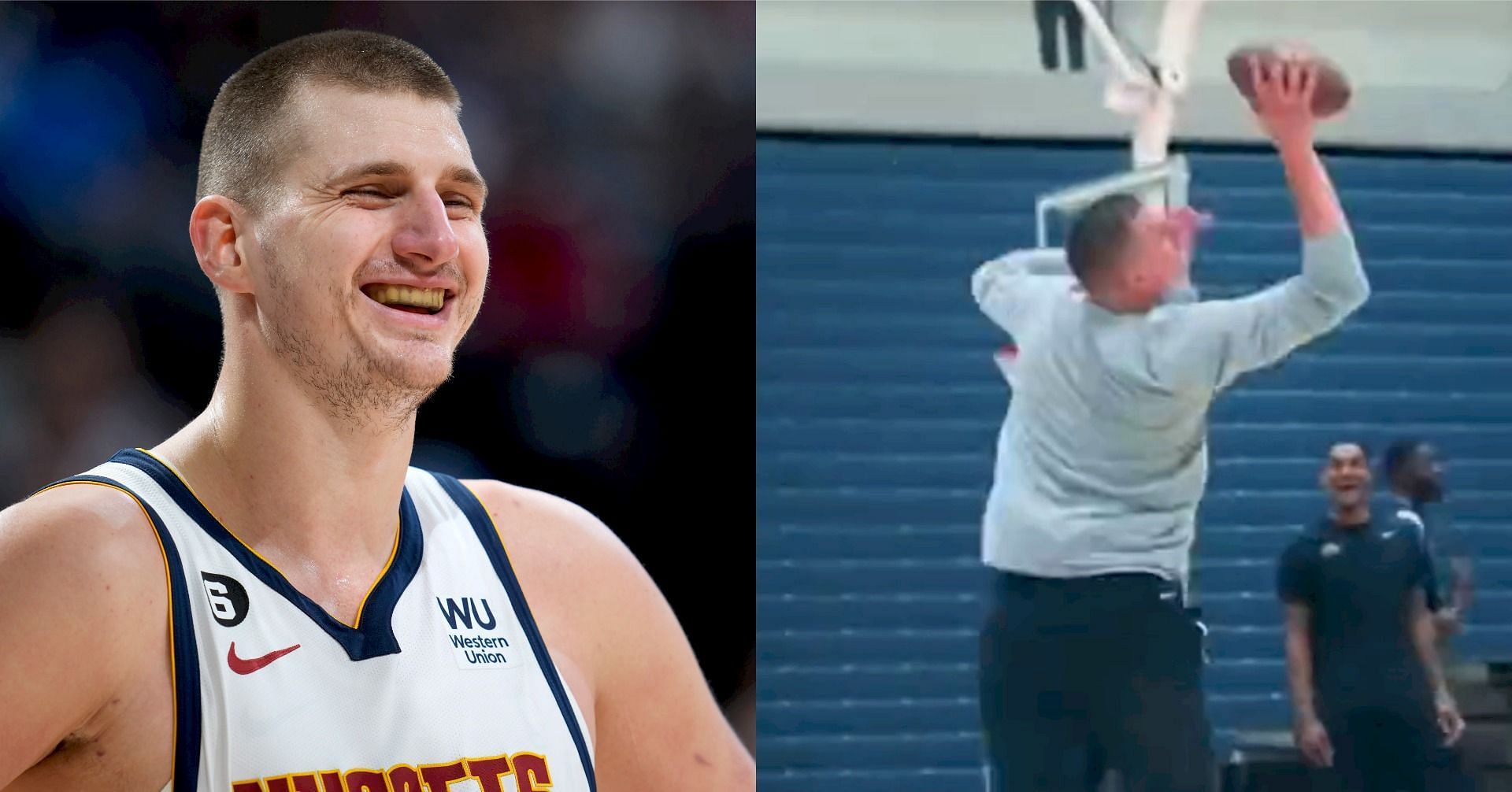 Nikola Jokic turns on the jets before leaping into the air to make a stunning grab