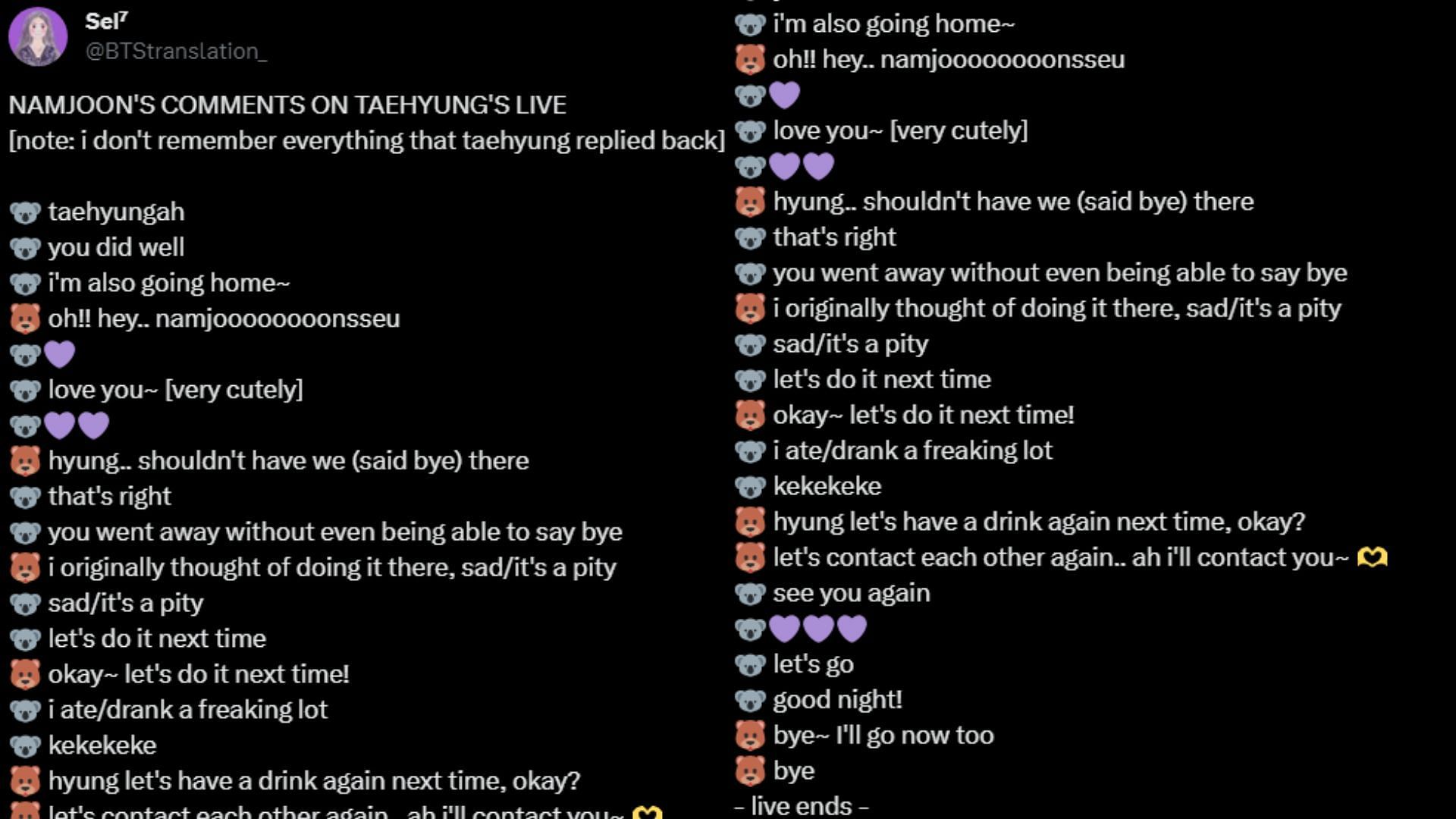 The full conversation between BTS&#039; RM and V on Weverse live (Image via Twitter/@BTStranslation_)