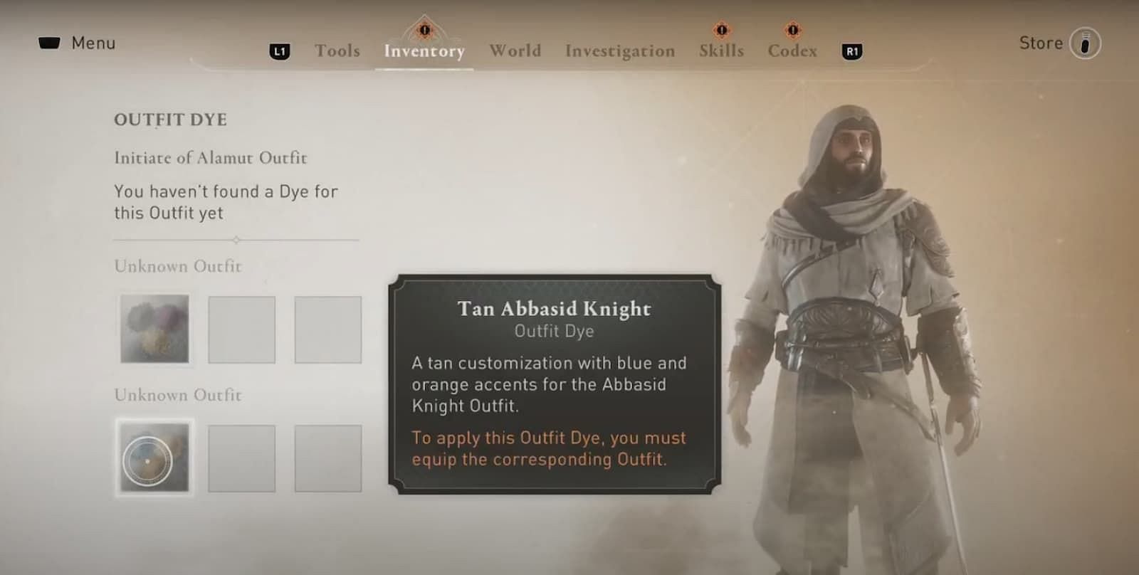 Tan Abbasid Knight Outfit Dye (Image via Ubisoft)