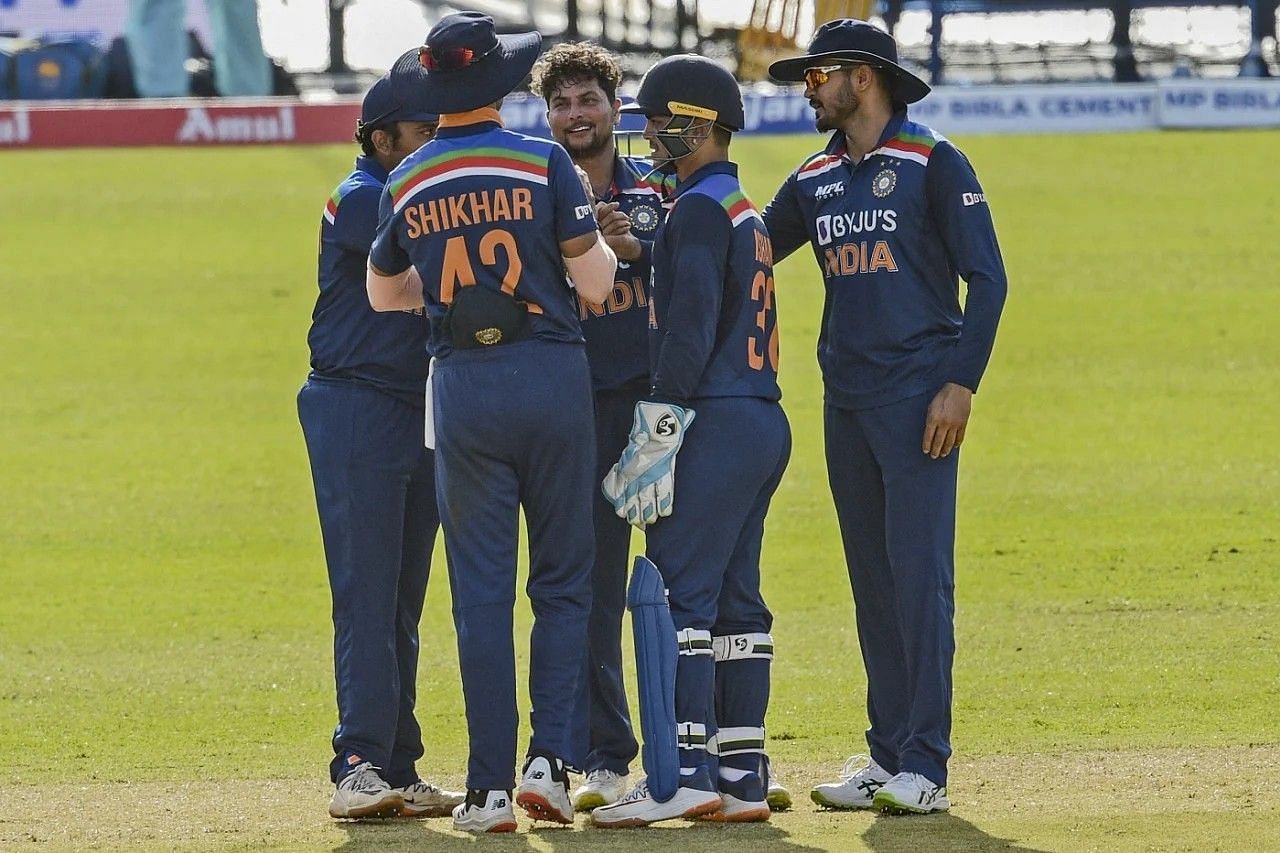 Kuldeep Yadav mobbed by his teammates [Getty Images]