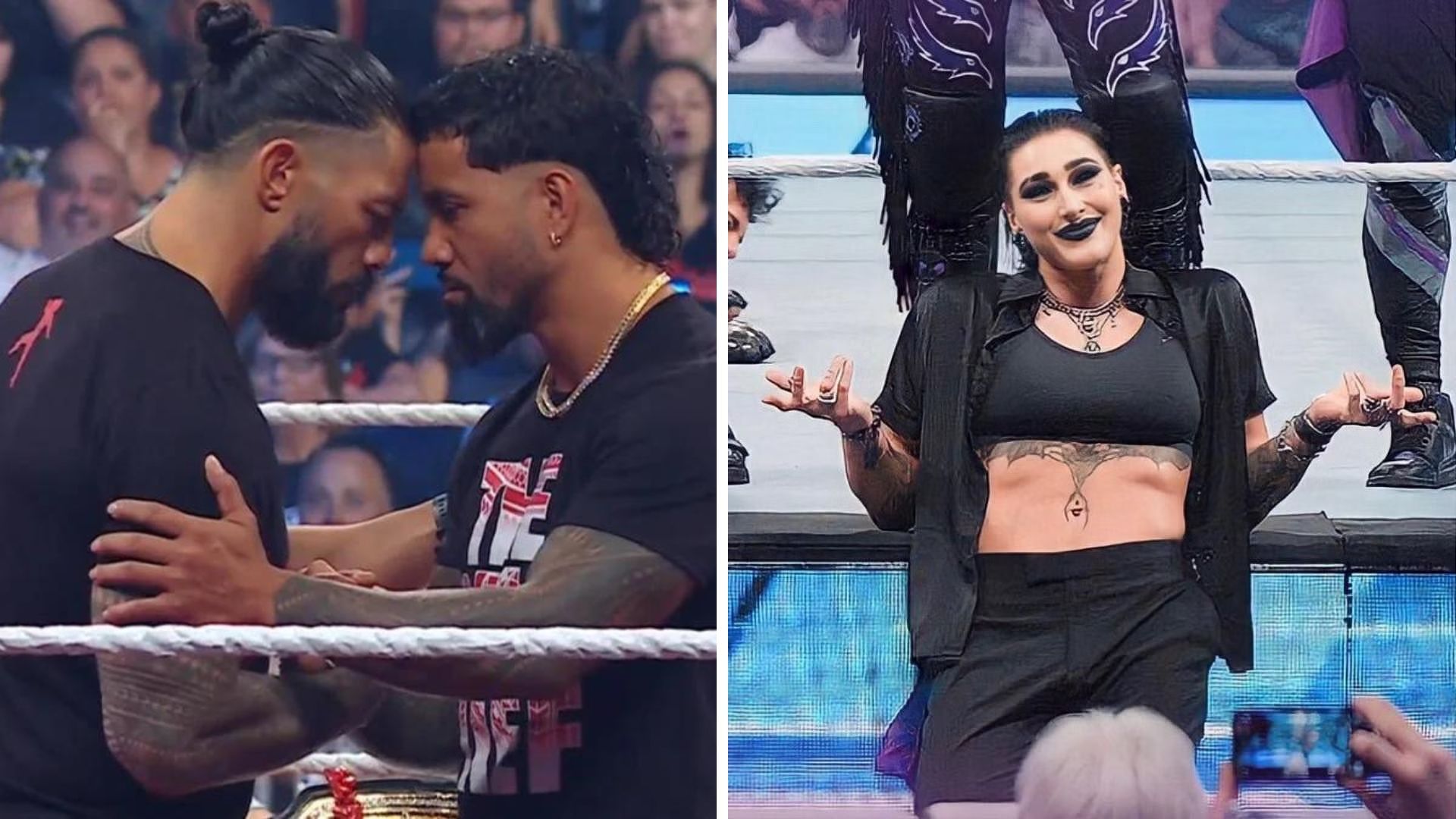 Roman Reigns and Jey Uso on the left, Rhea Ripley on the right