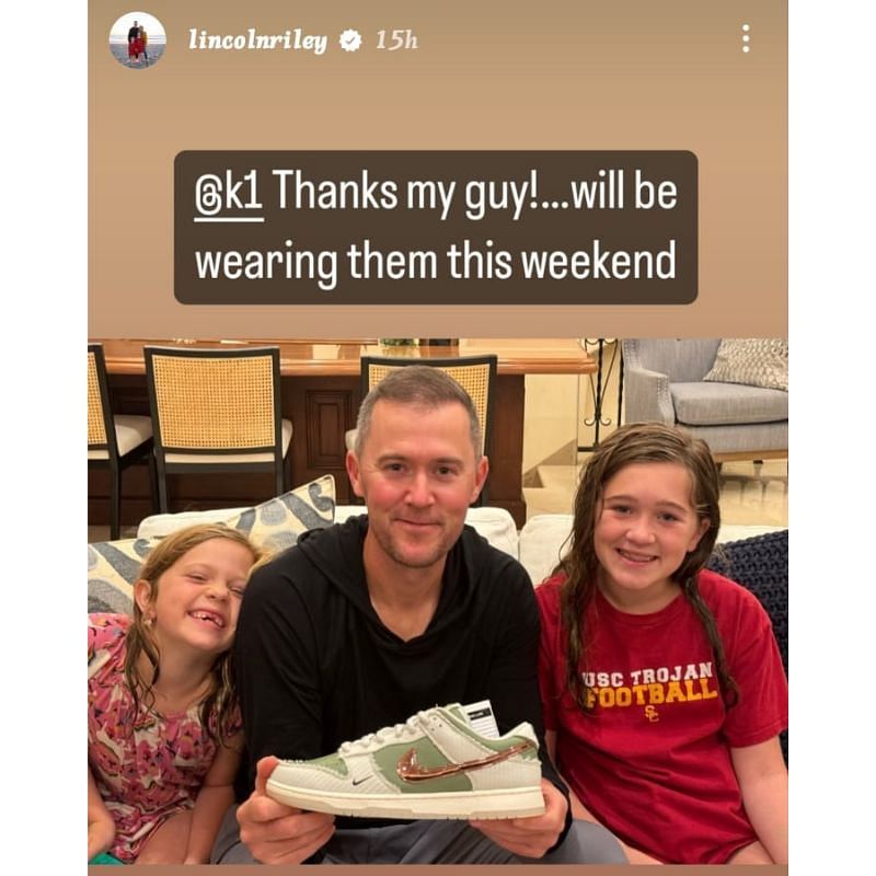 Lincoln Riley with Kyler Murray&#039;s Gifted Cleats
