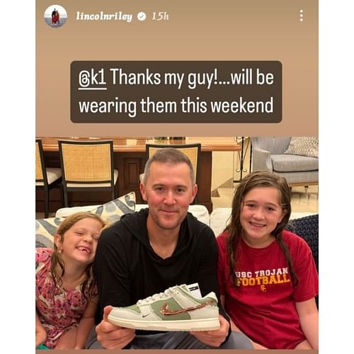 Lincoln Riley with Kyler Murray's Gifted Cleats