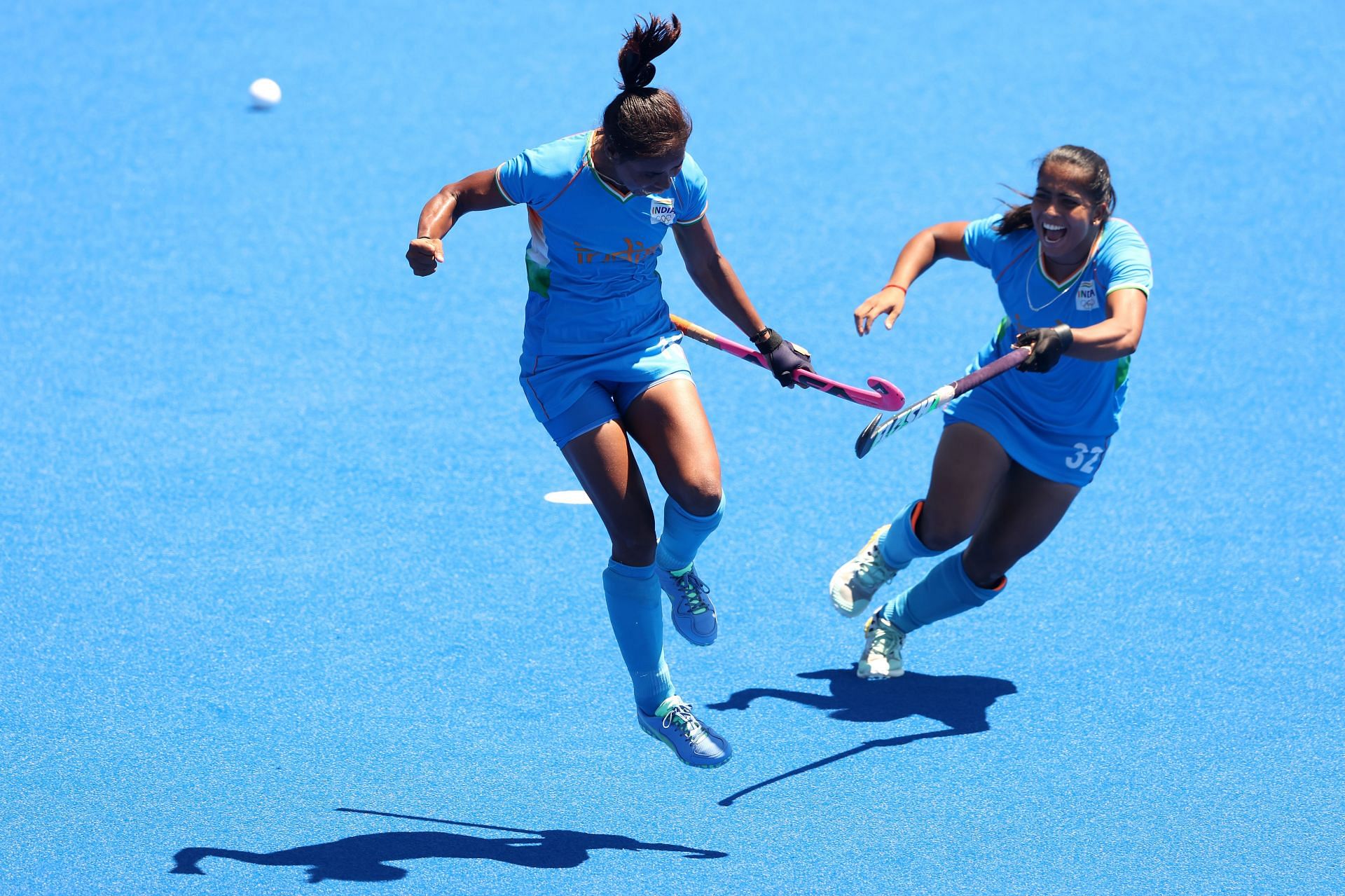 The Indian women celebrate after scoring a vital goal