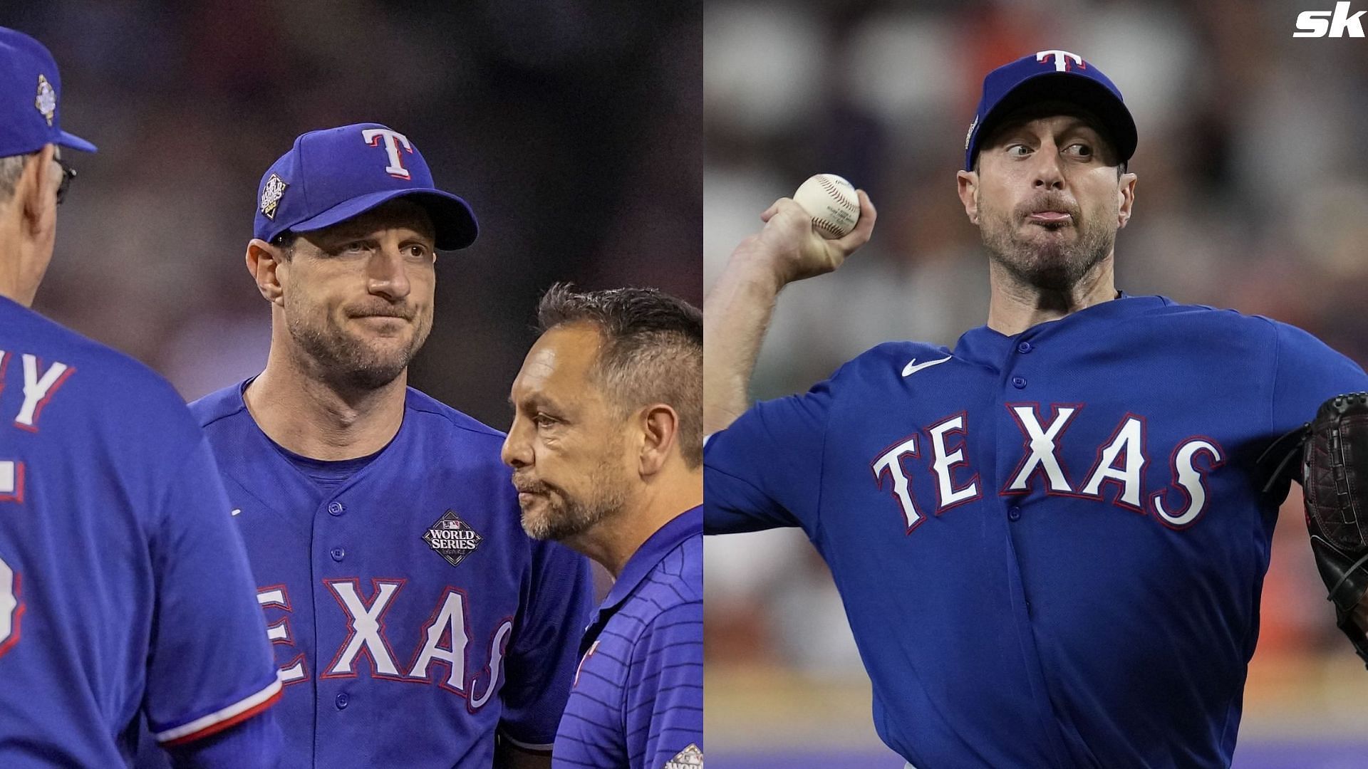 Texas Rangers starting pitcher Max Scherzer leaves the game against the Arizona Diamondbacks during the fourth inning in Game 3 of the World Series