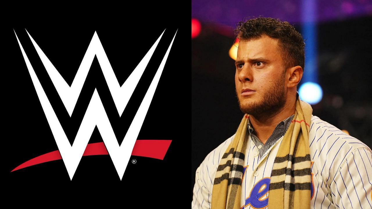 WWE logo (left) and AEW World Champion MJF (right)