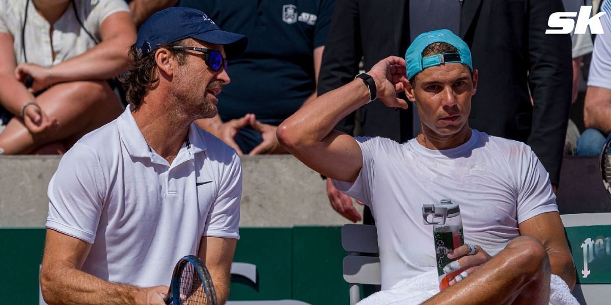 Rafael Nadal and coach Carlos Moya play tennis at South Korean automaker