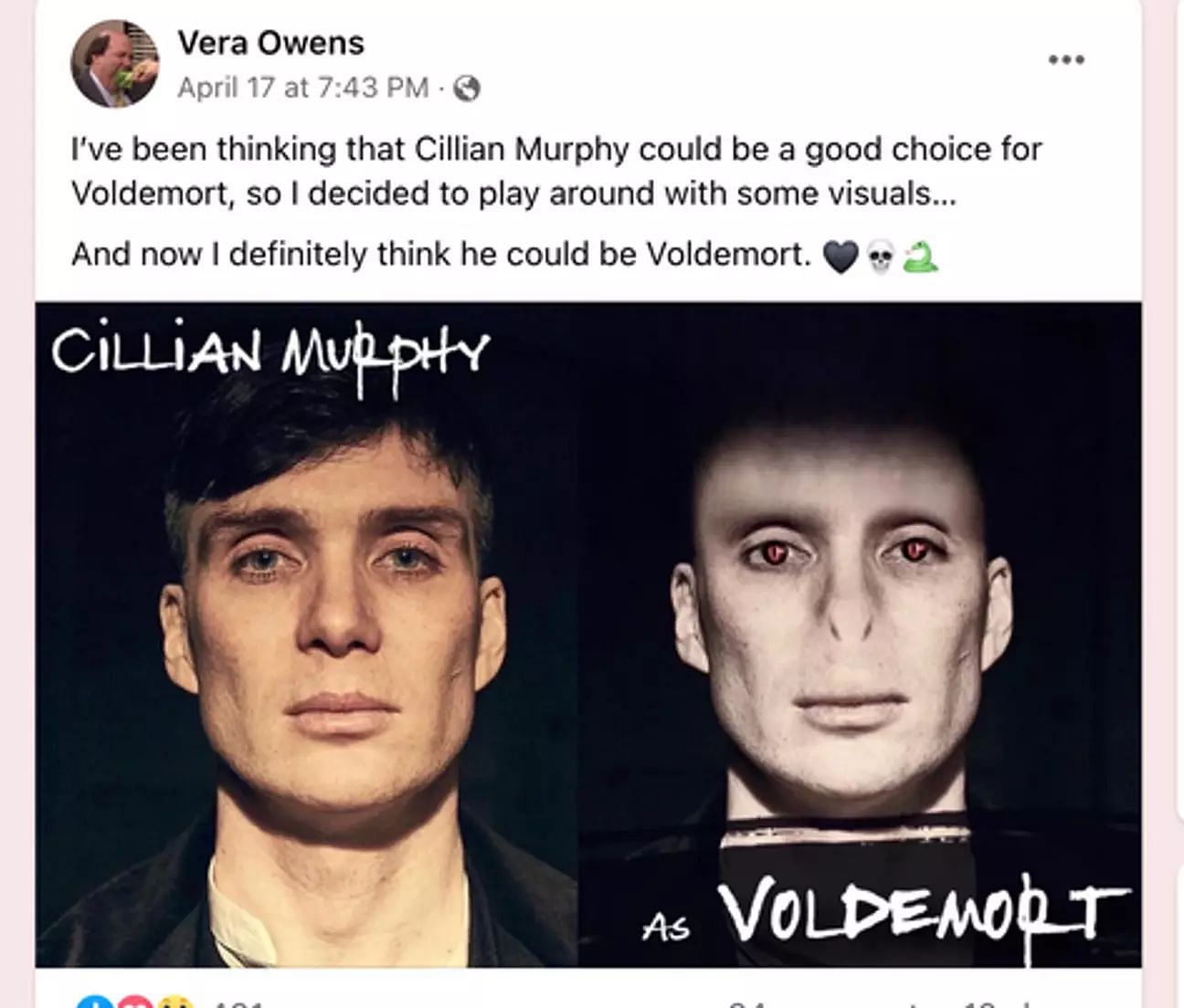 How the fan envisioned Cillian Murphy as Voldemort (Image via Facebook)