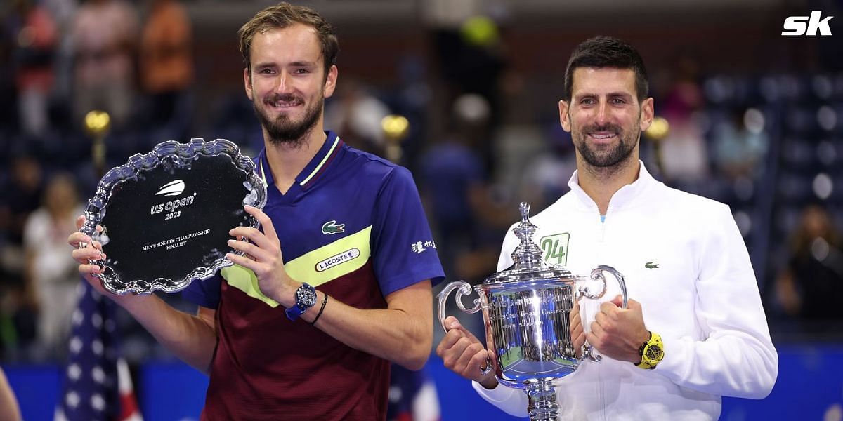 Daniil Medvedev (L) and Novak Djokovic (R) pictured with their 2023 US Open trophies