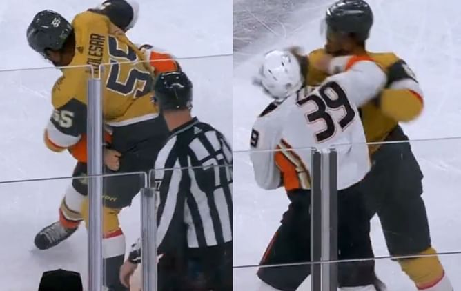 VIDEO: Keegan Kolesar & Sam Carrick trade massive blows as Golden Knights winger's helmet goes flying