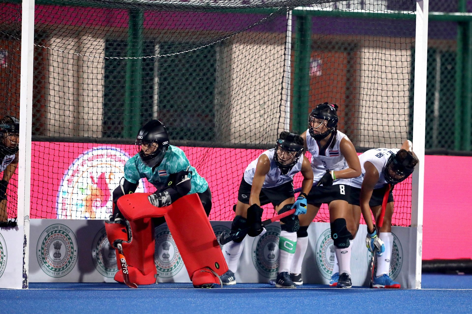 Thailand goalkeeper and defenders guard the goal during a penalty corner (Image Courtesy: Hockey India)