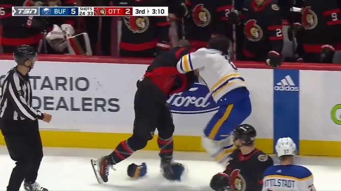 VIDEO: Brady Tkachuk's big punches knock down Alex Tuch onto ice