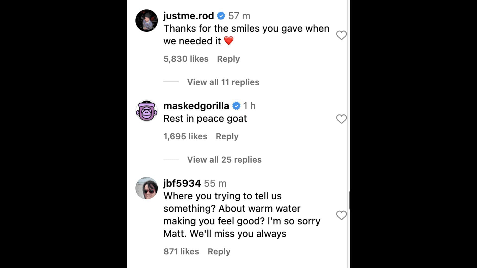 Social media users comment below Matthew&#039;s last post where he can be seen sitting in a jacuzzi: Tributes explored. (Image via Twitter)