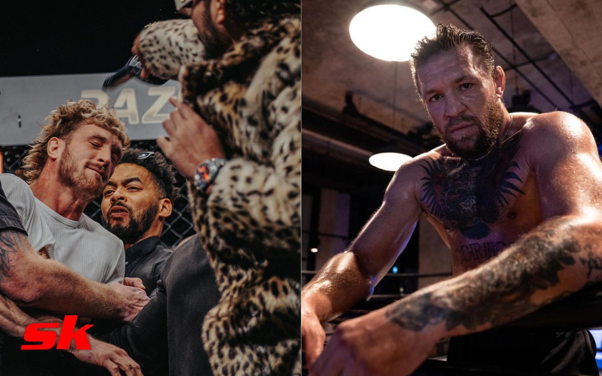 Logan Paul vs. Dillon Danis brawl (left - via @HappyPunch), Conor McGregor (right - via @thenotoriousmma)