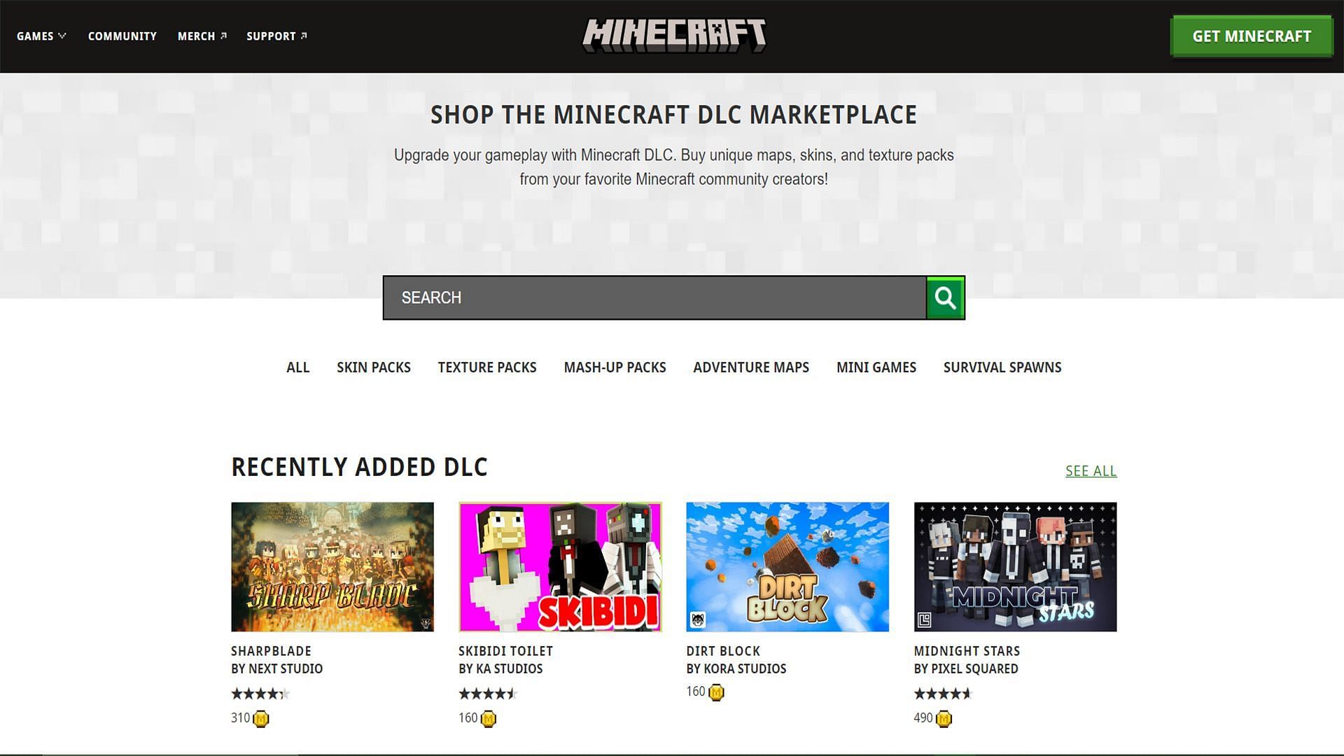 Minecraft Marketplace offers tons of DLC (Image via Minecraft.net)