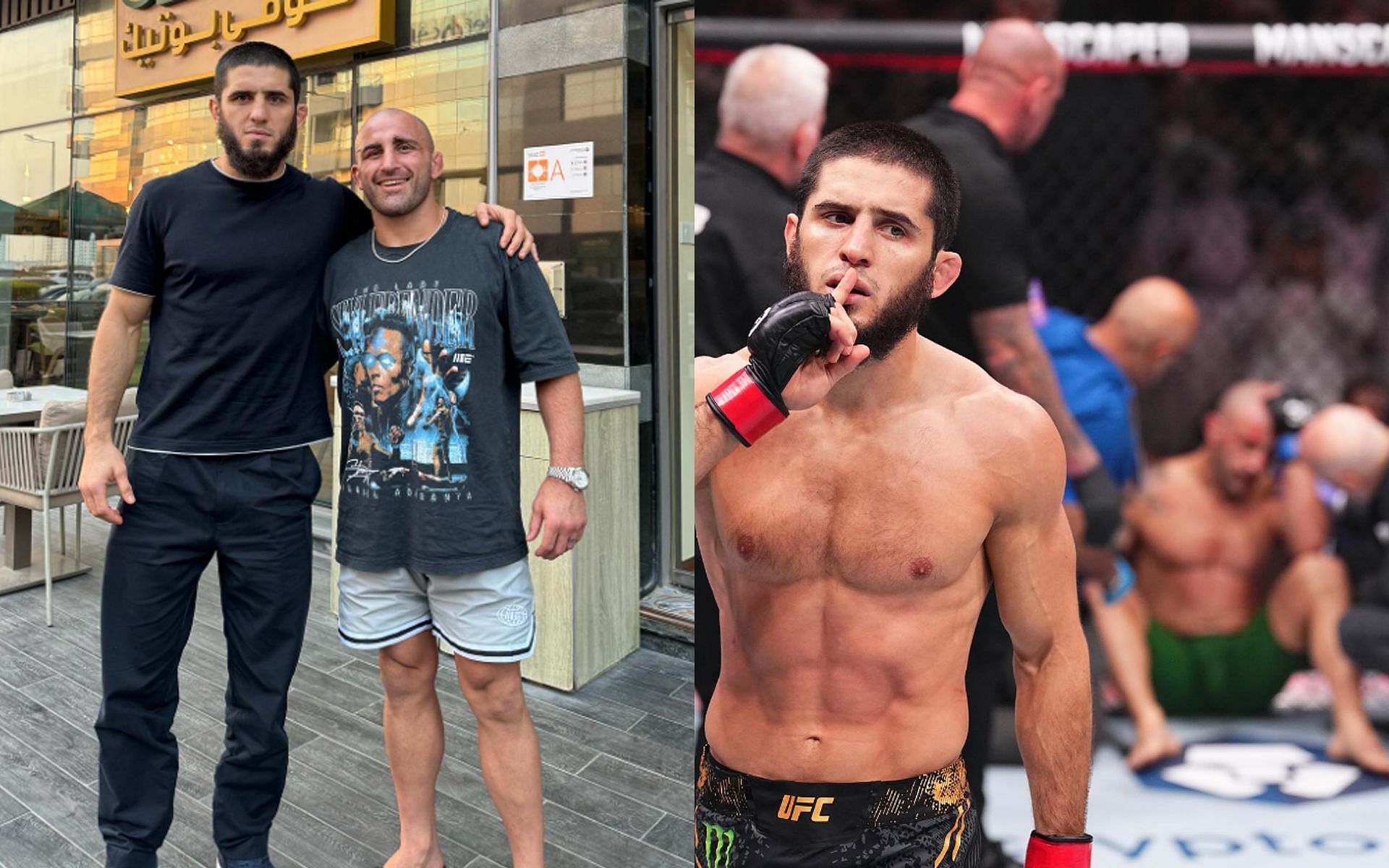 Alexander Volkanovski and Islam Makhachev now (left) and immediately after the fight ended (right) (Images via @alexvolkanovski and @ufc Instagram)