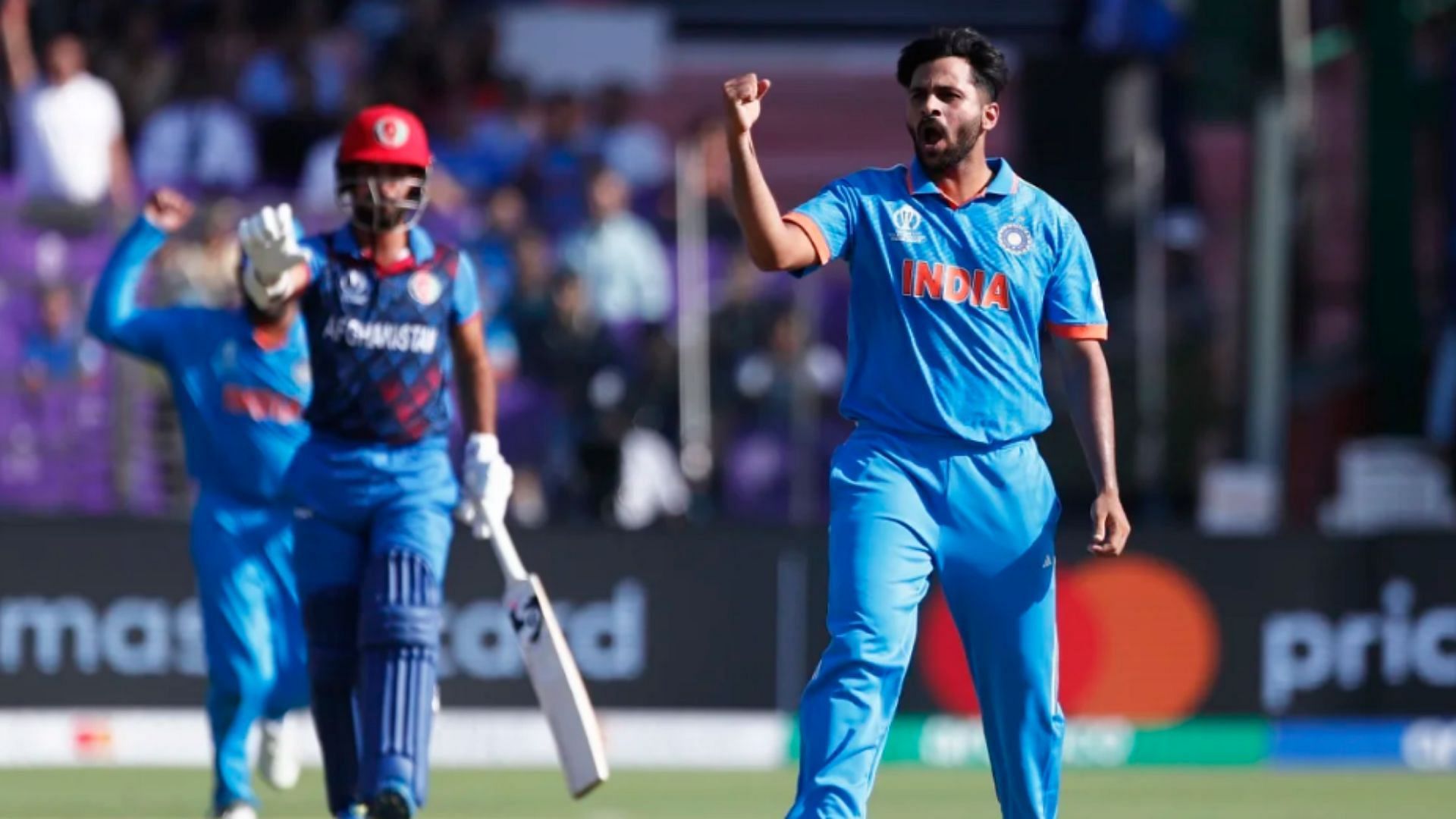 Shardul Thakur celebrates after taking a wicket against Afghanistan. (Pic: Getty Images)