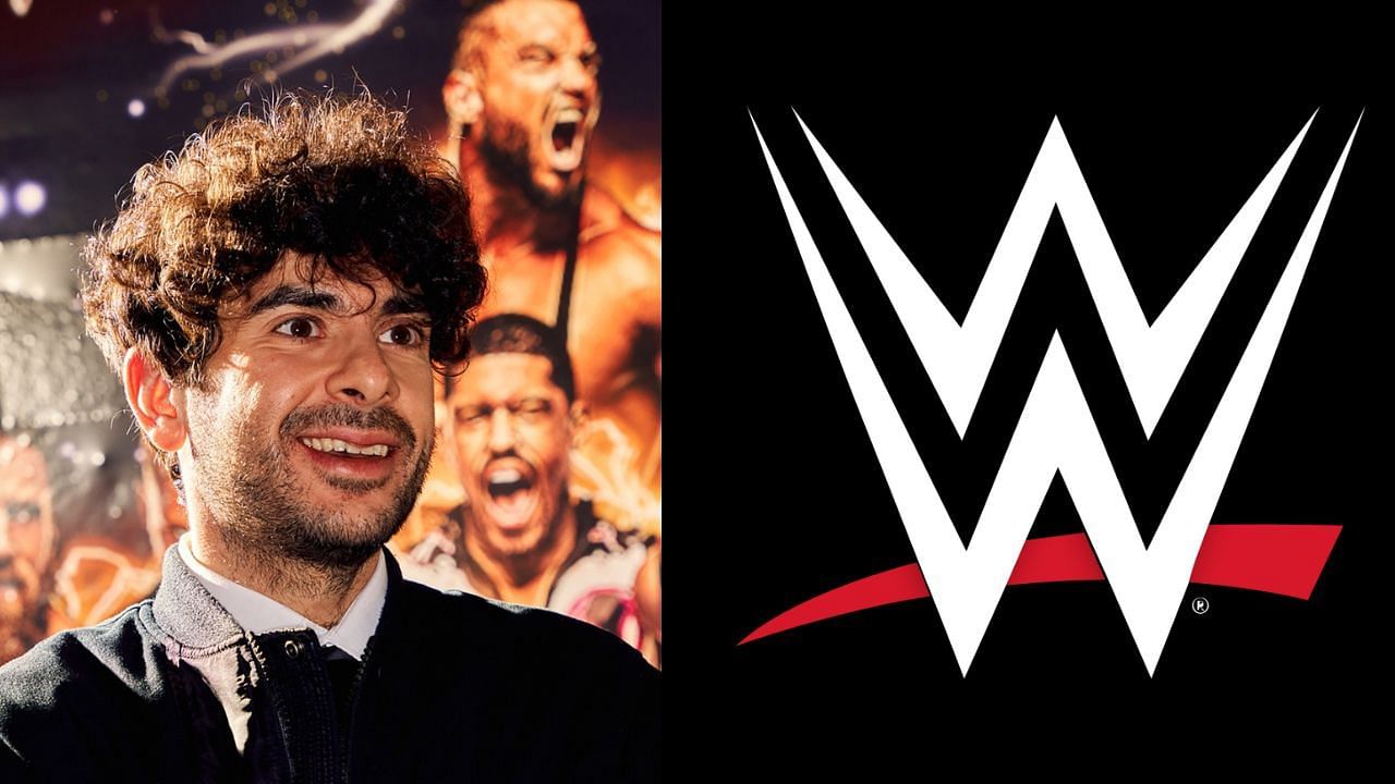 Tony Khan (left) and WWE logo (right)