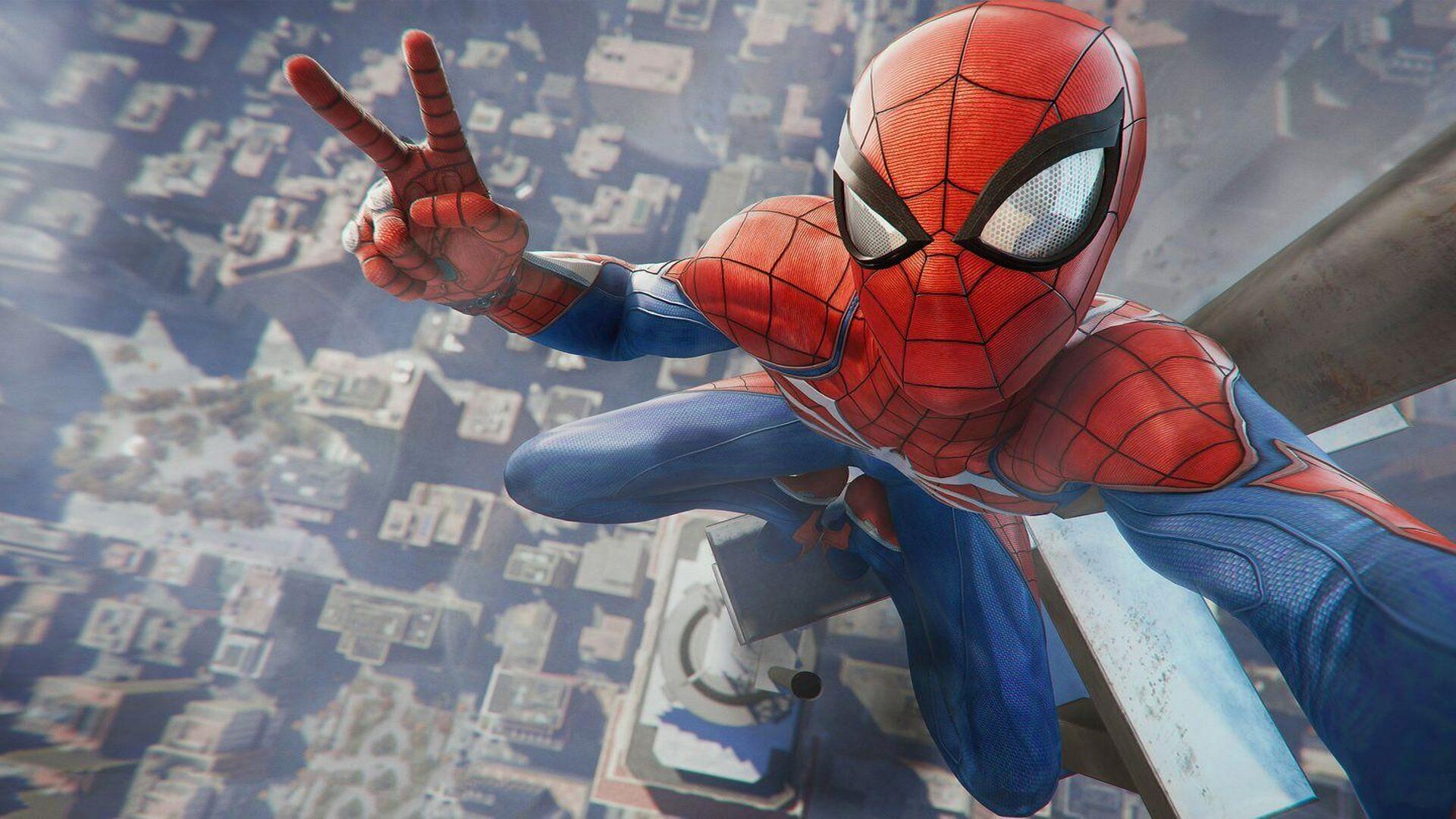Want to take a Selfie in the sky while slinging across New York? Yes, you can do that (Image via Insomniac games)