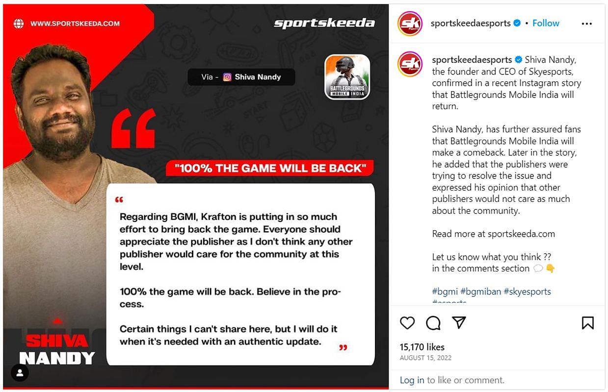 Skyesports CEO, Shiva Nandy&#039;s statement (Image via Instagram/Sportskeedaesports)