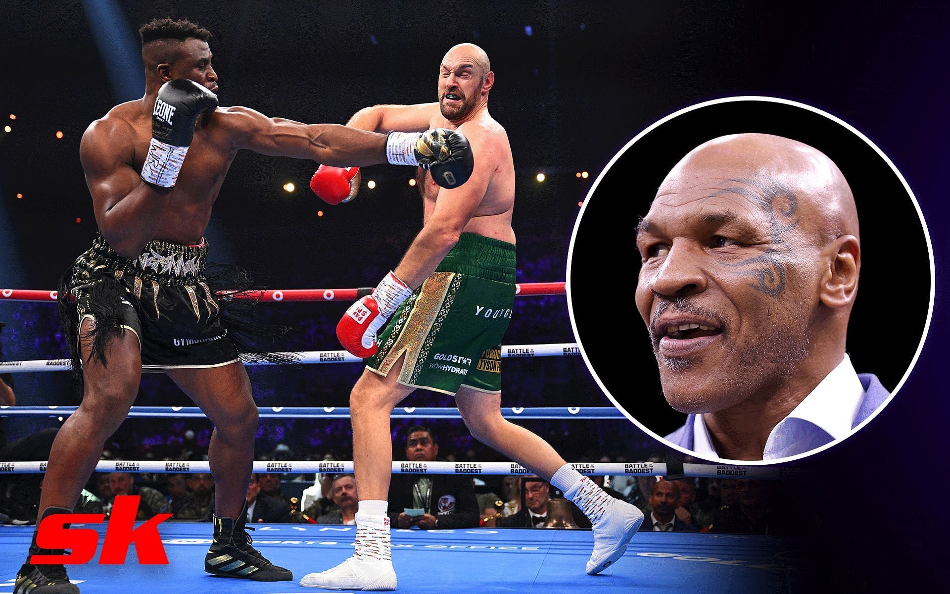 Francis Ngannou and Tyson Fury during the fight (left) and Mike Tyson (inset) (Images via Getty)