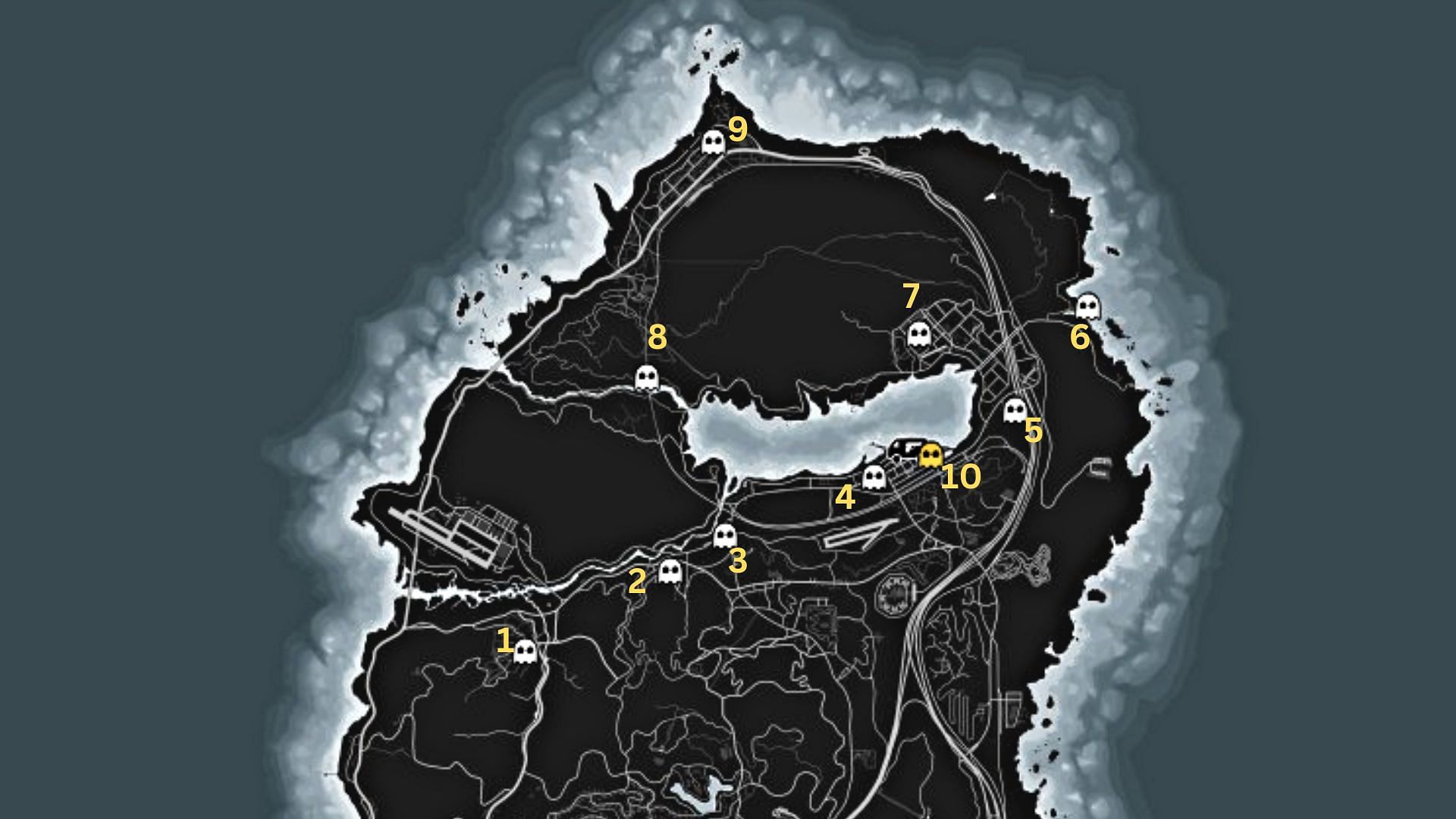 All 10 Ghost locations for the Ghosts Exposed event (Image via gtalens.com)