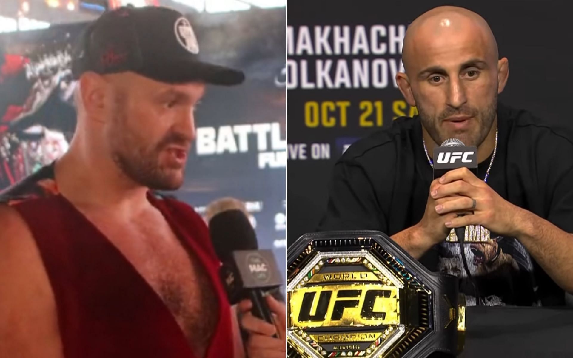 Tyson Fury [Left], and Alexander Volkanovski [Right] [Photo credit: @oscarswillis - X, and UFC - YouTube]