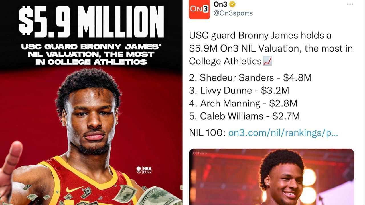 Bronny James holds a $5.9M On3 NIL valuation (via Instagram)