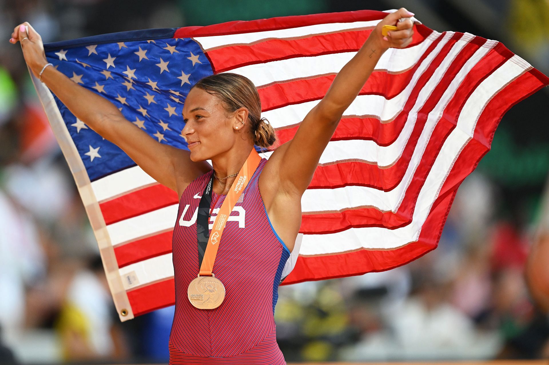 Anna Hall of Team United States reacts after competing in the 800m leg of the Heptathlon during the 2023 World Athletics Championships in Budapest, Hungary.