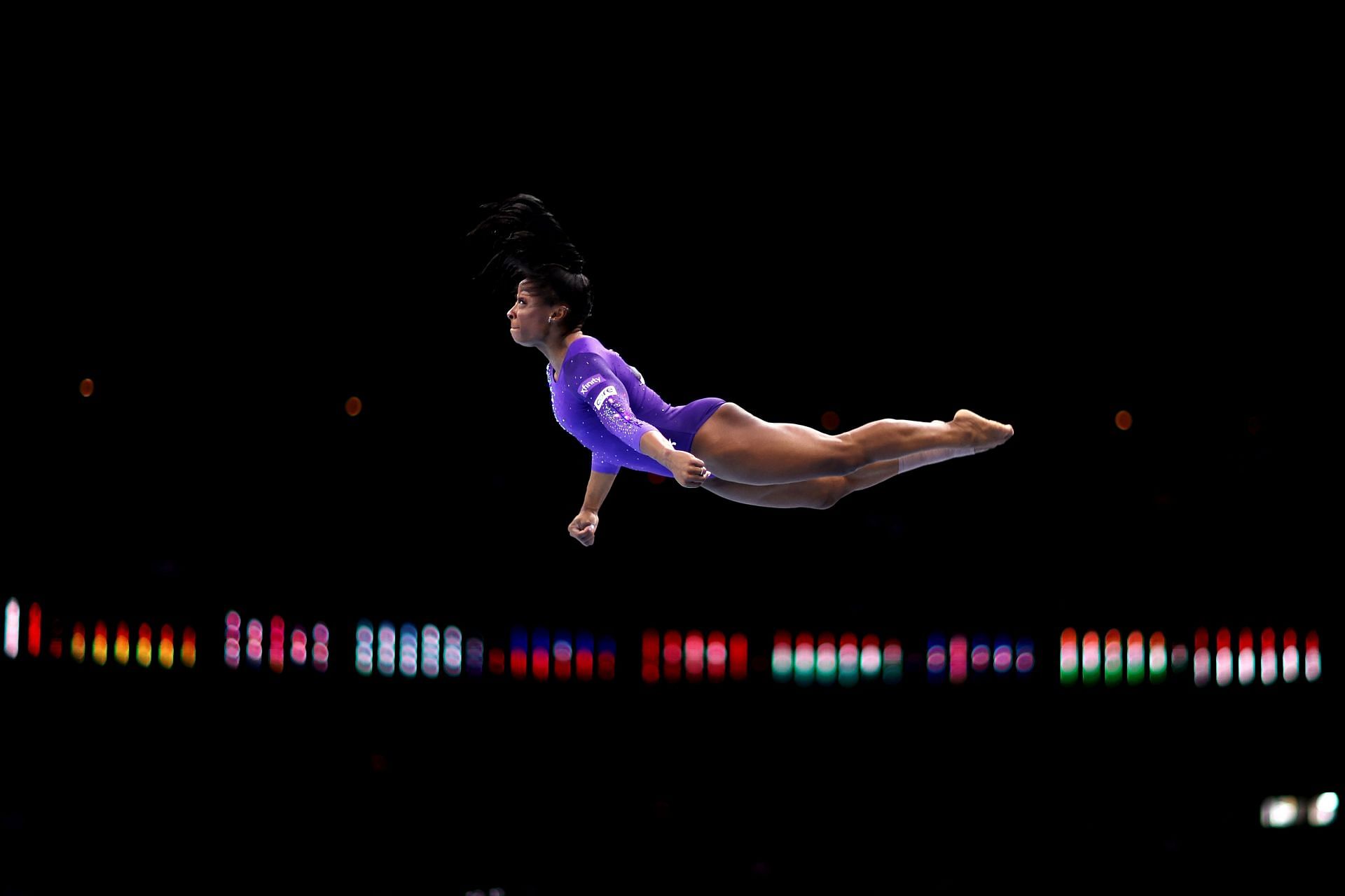 Biles performing her balance beam routine at 2023 Artistic Gymnastics World Championships