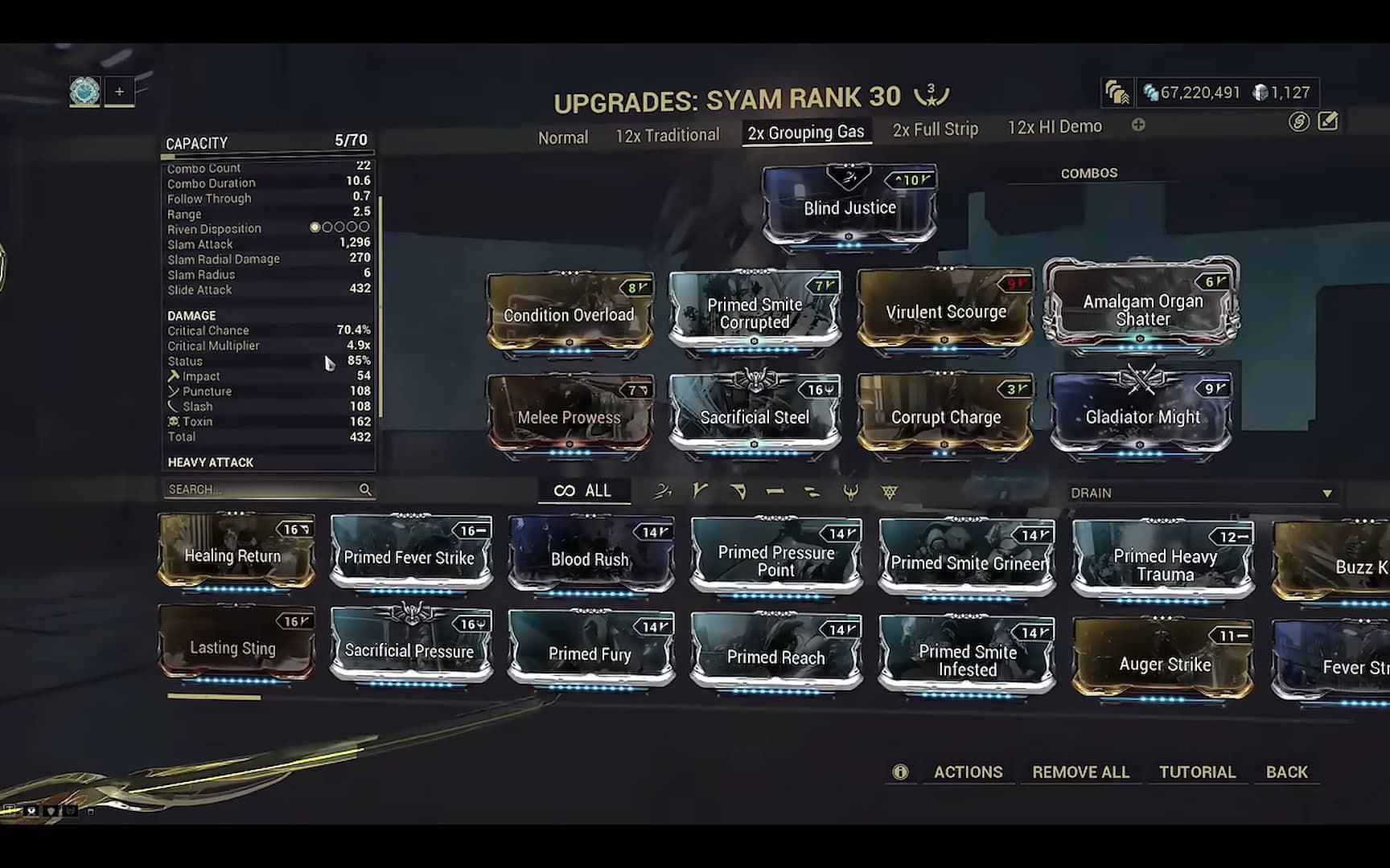 Syam build with Gas damage that should optimally be paired with a group-up ability (Image via Digital Extremes)