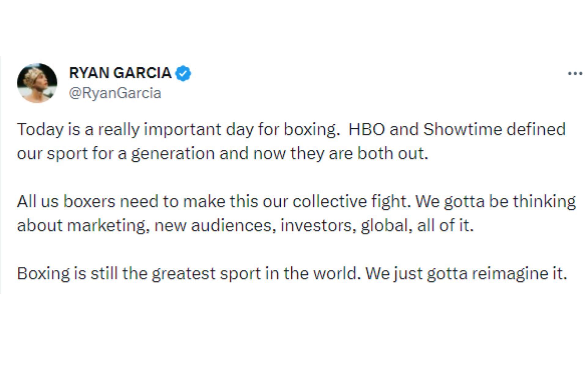 Ryan Garcia tweet regarding Showtime Boxing shutdown