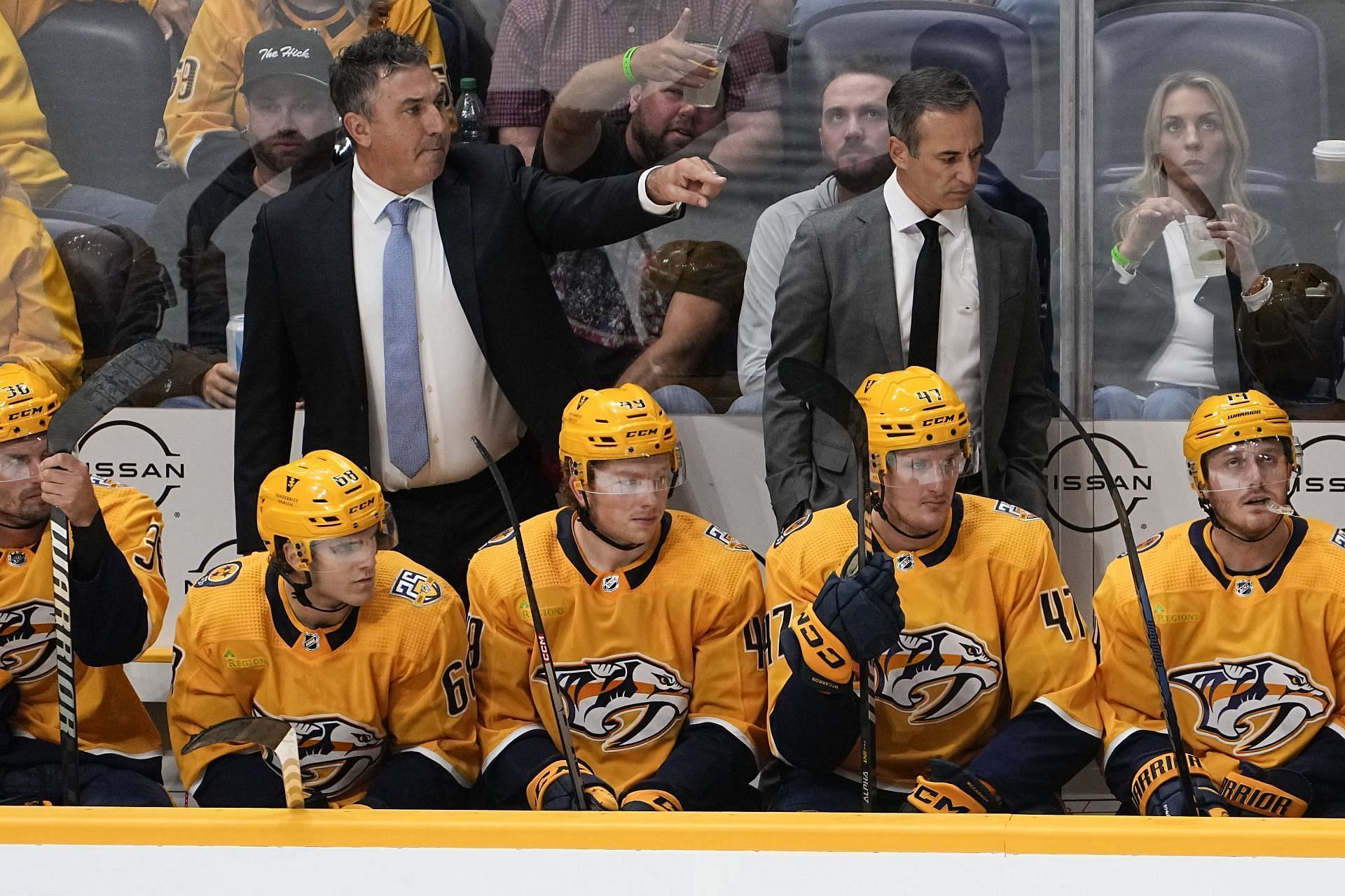 Nashville Predators coach Andrew Brunette points during the third period of the team